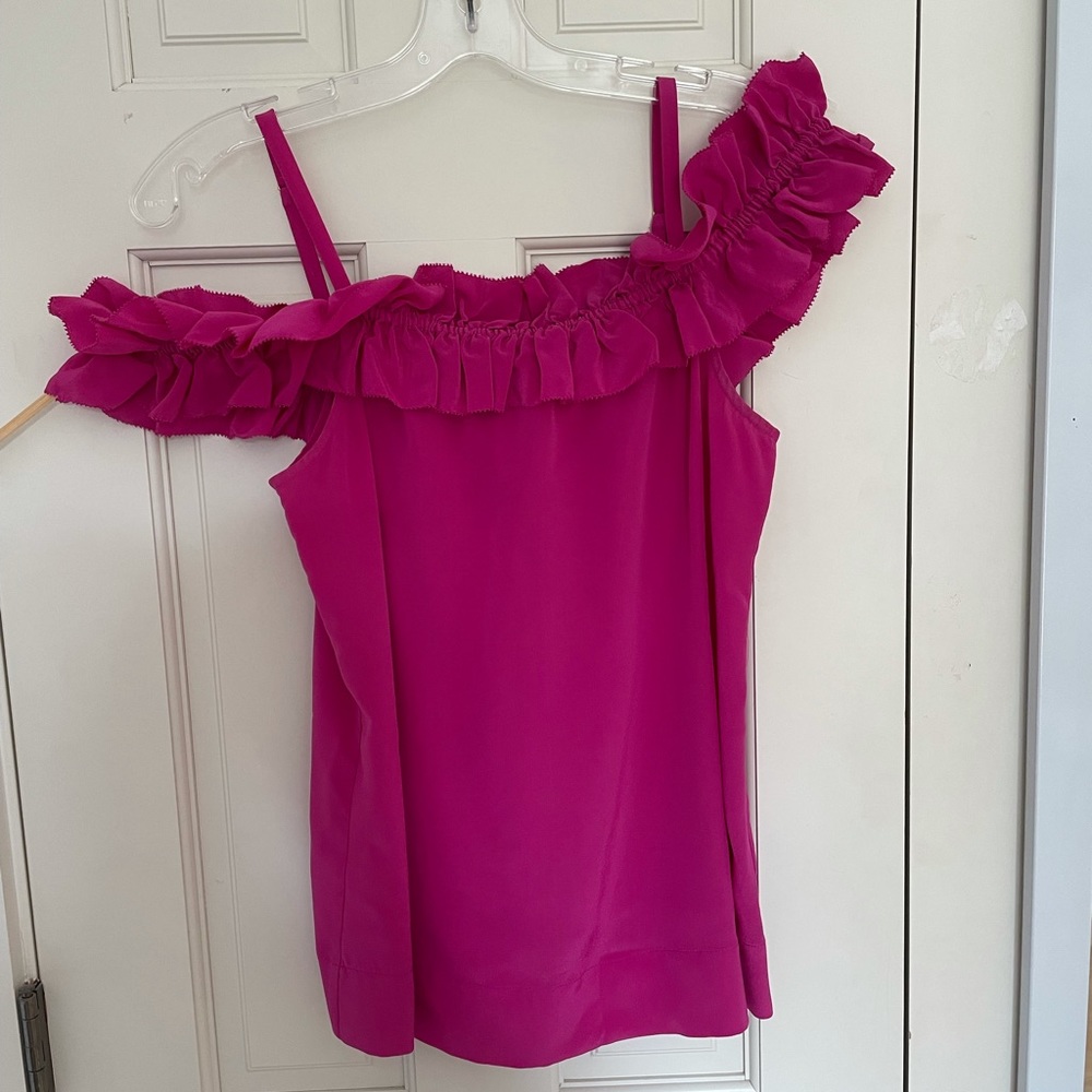 Trina Turk Silk top. Off shoulder, cold shoulder. Bold pretty pink color